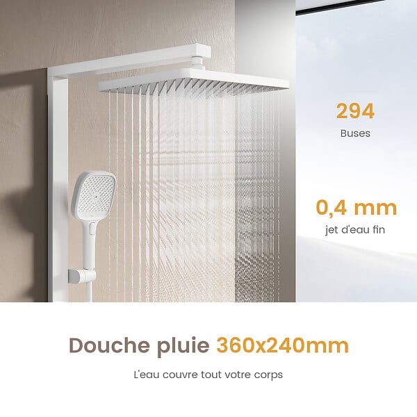 EMKE - EMKE Colonne de douche Thermostat – Blanc Mat, Régulation innovante du débit, douche à effet pluie de 36x24 cm, douchette à main avec 3 jets - large