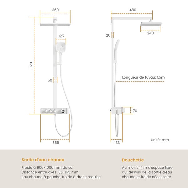 EMKE - EMKE Colonne de douche Thermostat – Blanc Mat, Régulation innovante du débit, douche à effet pluie de 36x24 cm, douchette à main avec 3 jets - large