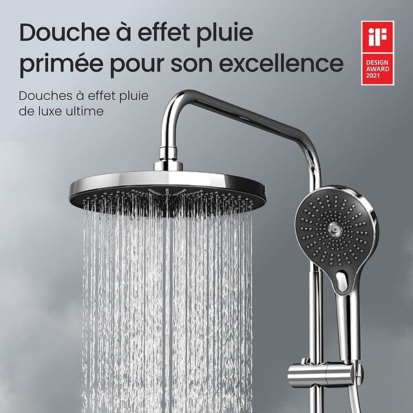 EMKE - EMKE Système de Douche avec Thermostat, Chrome, Éclairage LED, Ensemble Douche à Effet Pluie avec 3 Modes de Jet, avec Bec de Sortie Inférieur - large