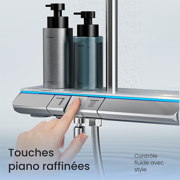 EMKE - EMKE Système de Douche avec Thermostat, Chrome, Éclairage LED, Ensemble Douche à Effet Pluie avec 3 Modes de Jet, avec Bec de Sortie Inférieur - large