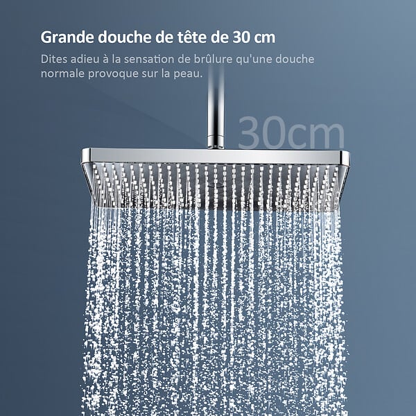 EMKE - EMKE Colonne de douche thermostat, douchette à 3 puissances de jet, jet cascade, set de douche avec étagère en verre, Certification KTW, Chrome - large