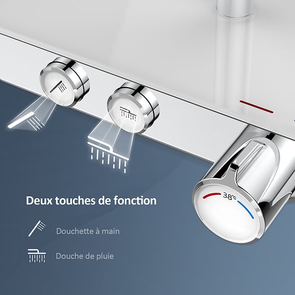 EMKE - EMKE Colonne de douche thermostat, douchette à 3 puissances de jet, jet cascade, set de douche avec étagère en verre, Certification KTW, Chrome - large