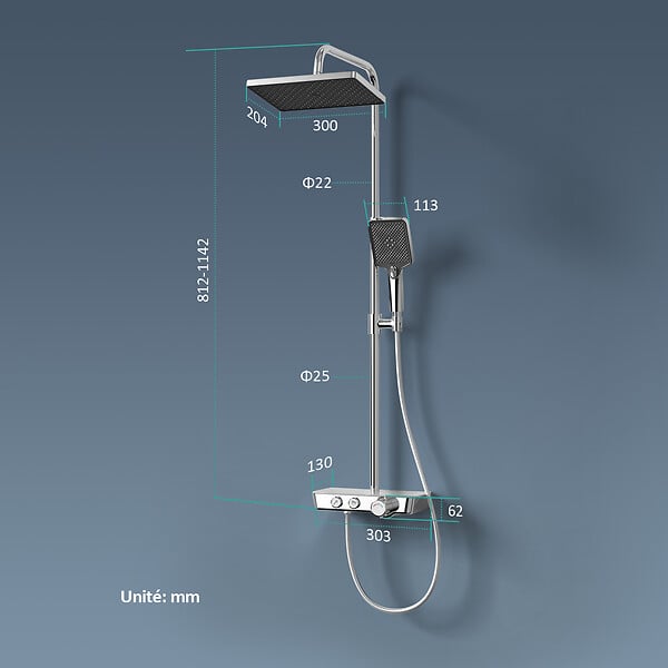 EMKE - EMKE Colonne de douche thermostat, douchette à 3 puissances de jet, jet cascade, set de douche avec étagère en verre, Certification KTW, Chrome - large