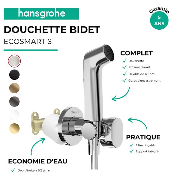HANSGROHE - Douchette bidette EcoSmart S avec robinet d'arret et corps d'encastrement Chromé - large