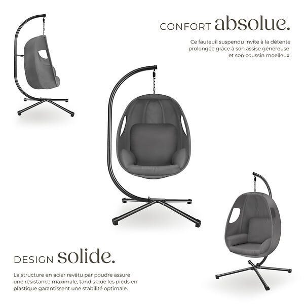 TECTAKE - Fauteuil suspendu en acier anthracite intérieur extérieur coussin amovible - large