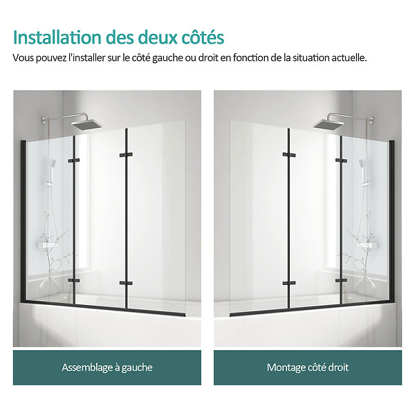 EMKE - EMKE Pare-baignoire paroi de douche pour baignoire noir mat 3 parties pliable 120x140cm pare-baignoire 6mm NANO GLASS - large