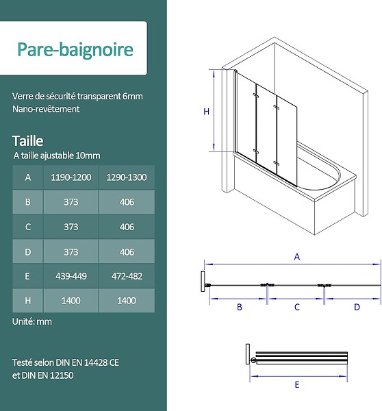 EMKE - EMKE Pare-baignoire paroi de douche pour baignoire noir mat 3 parties pliable 120x140cm pare-baignoire 6mm NANO GLASS - large