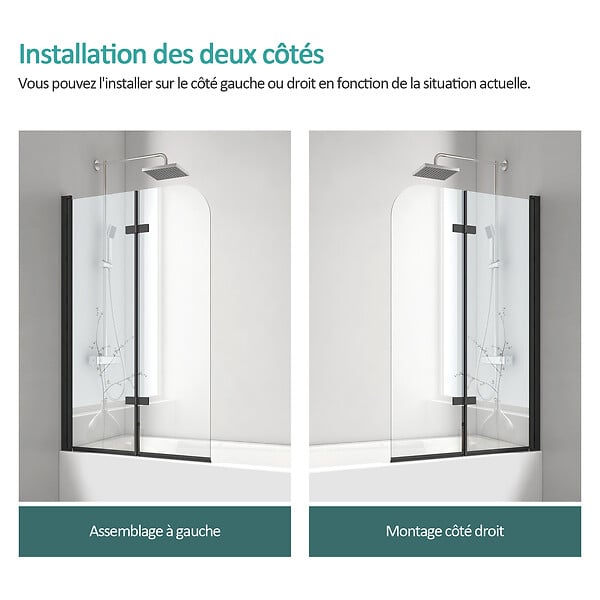 EMKE - EMKE Pare-Baignoire 110 x 140 cm Noir Mat – Paroi de Baignoire Pliable 2 Volets, Verre Trempé 6 mm avec Revêtement Nano - large