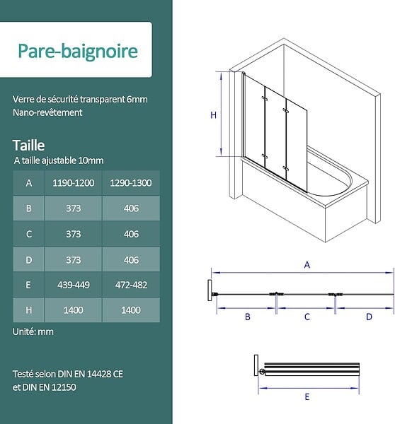 EMKE - EMKE Pare-baignoire paroi de douche pour baignoire noir mat 3 parties pliable 130x140cm pare-baignoire 6mm NANO GLASS - large