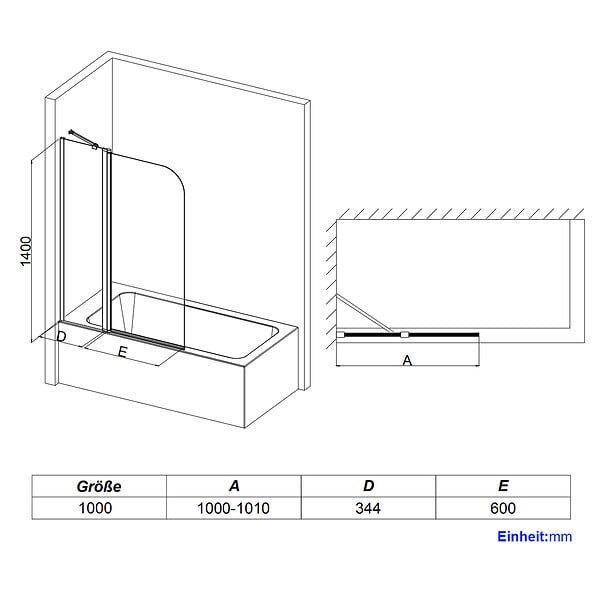 EMKE - EMKE Pare-Baignoire 100 x 140 cm – Paroi de Douche Pliable en Verre Trempé 6 mm avec Revêtement Nano, Pivotante 180°, Profilé Chromé - large