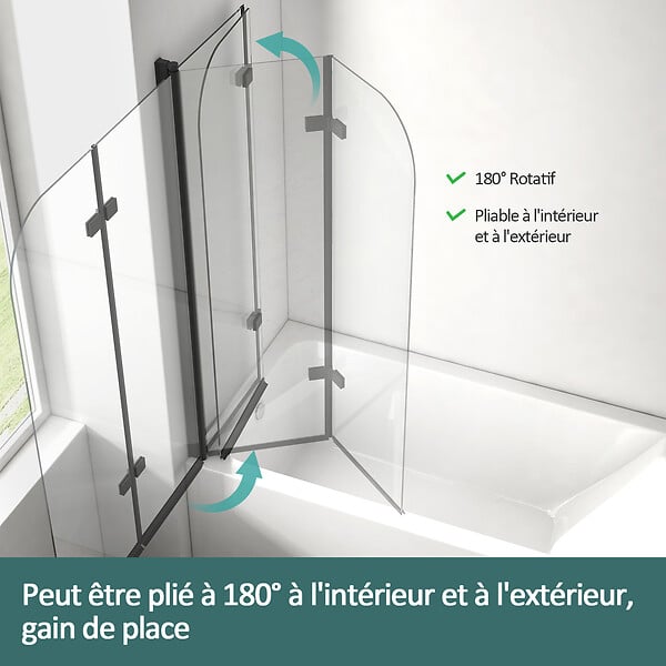EMKE - EMKE Pare-Baignoire 120 x 140 cm Noir Mat – Paroi de Baignoire Pliable 2 Volets, Verre Trempé 6 mm avec Revêtement Nano - large