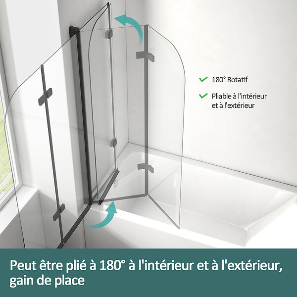EMKE - EMKE Pare-Baignoire 100 x 140 cm Noir Mat – Paroi de Baignoire Pliable 2 Volets, Verre Trempé 6 mm avec Revêtement Nano - large