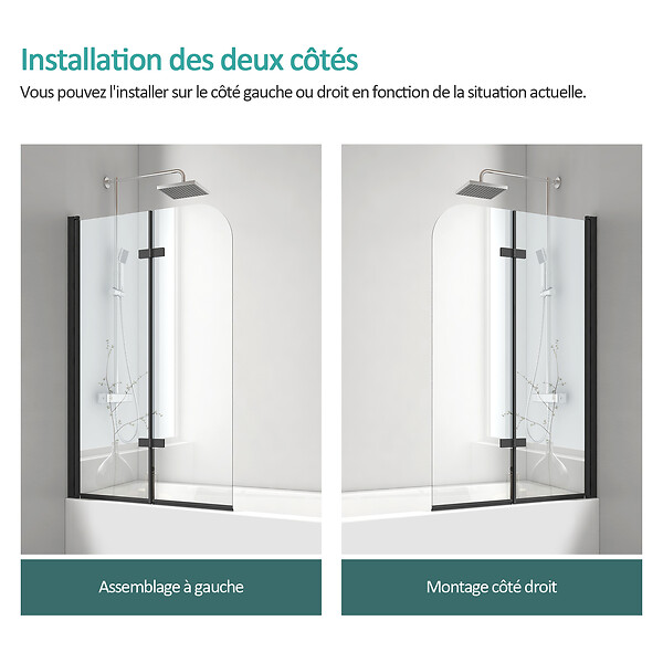 EMKE - EMKE Pare-Baignoire 100 x 140 cm Noir Mat – Paroi de Baignoire Pliable 2 Volets, Verre Trempé 6 mm avec Revêtement Nano - large