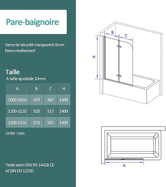EMKE - EMKE Pare-Baignoire 100 x 140 cm Noir Mat – Paroi de Baignoire Pliable 2 Volets, Verre Trempé 6 mm avec Revêtement Nano - large
