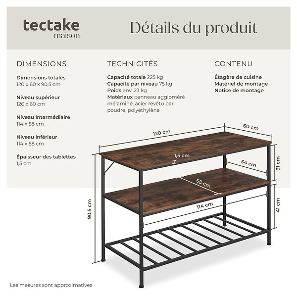 TECTAKE - Étagère de cuisine Akeley Bois foncé industriel, rustique - large