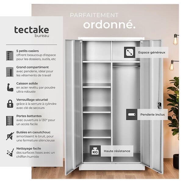 TECTAKE - Vestiaire métallique comprenant 6 casiers et 1 penderie intégrée gris - large