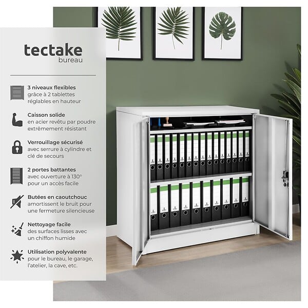 TECTAKE - Armoire métallique à dossiers 3 étagères 90x40x90cm gris - large
