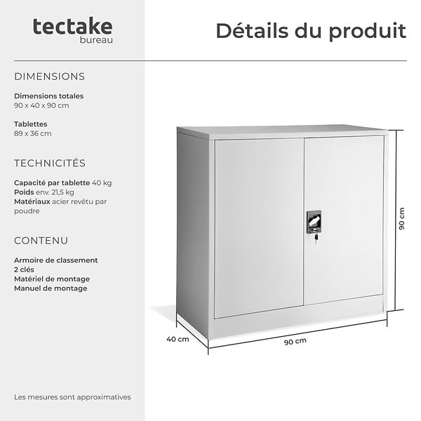 TECTAKE - Armoire métallique à dossiers 3 étagères 90x40x90cm gris - large