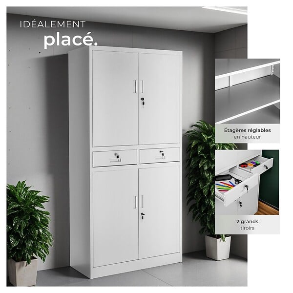 TECTAKE - Armoire de classement en acier revêtu par poudre gris clair avec 2 tiroirs 5 compartiments 40 x 80 x 180 cm - large