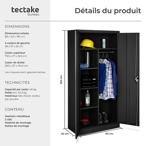 TECTAKE - Vestiaire métallique comprenant 6 casiers et 1 penderie intégrée noir - large
