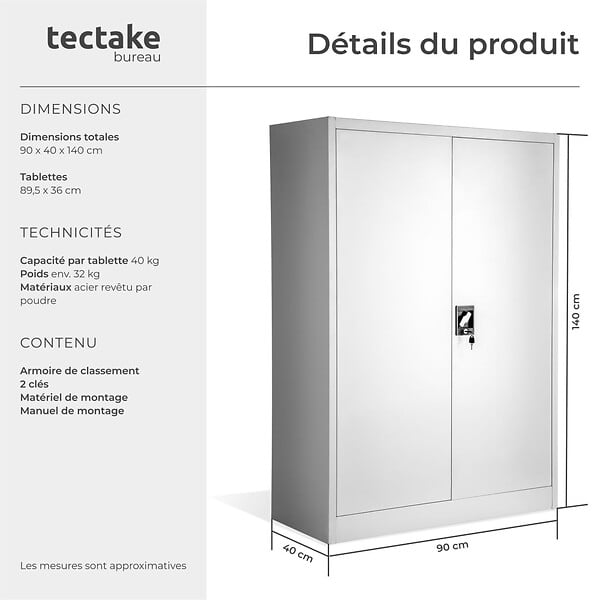 TECTAKE - Armoire métallique à dossiers 4 niveaux 140x90x40cm gris - large