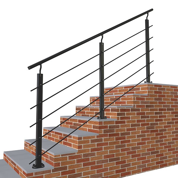 AICA SANITAIRE - Garde-corps - Aluminium Noir - 200cm - Avec 5 traverses et 1 main courante - Pour intérieur et extérieur - Fixation à plat - large