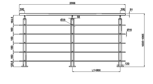AICA SANITAIRE - Garde-corps - Pour intérieur et extérieur - Aluminium argenté - Avec 5 traverses et 1 main courante - 200cm - Fixation à plat - large