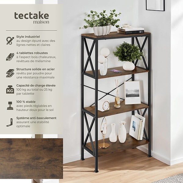 TECTAKE - Etagère Barry 61,5x31,5x133,5cm Bois foncé industriel, rustique - large