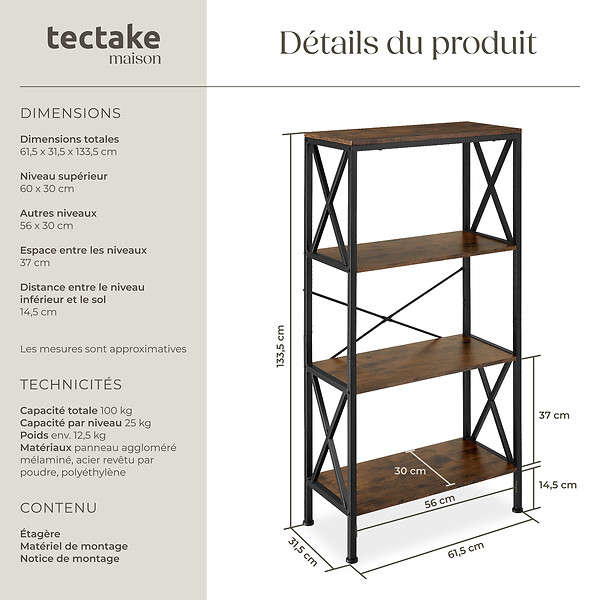 TECTAKE - Etagère Barry 61,5x31,5x133,5cm Bois foncé industriel, rustique - large