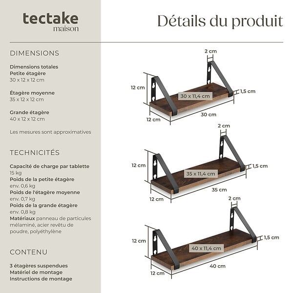 TECTAKE - 3 étagères suspendues Cowell Bois foncé industriel, rustique - large