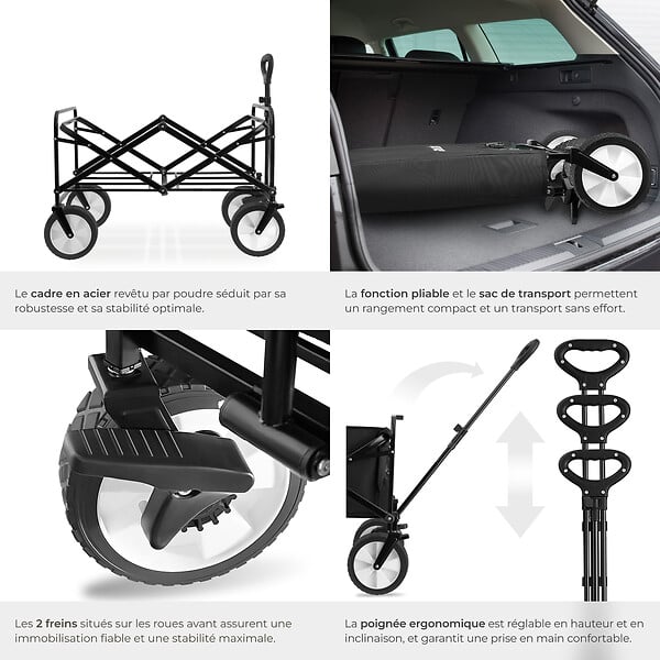 TECTAKE - Chariot pliable LEON avec freins, capacité de charge 80kg noir - large