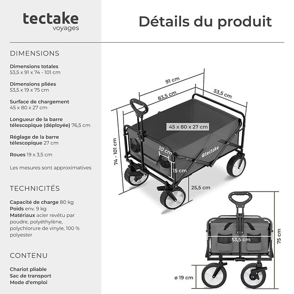 TECTAKE - Chariot pliable LEON avec freins, capacité de charge 80kg gris - large
