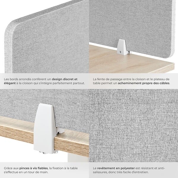 TECTAKE - Cloison de bureau Noisy avec coins arrondis gris - large