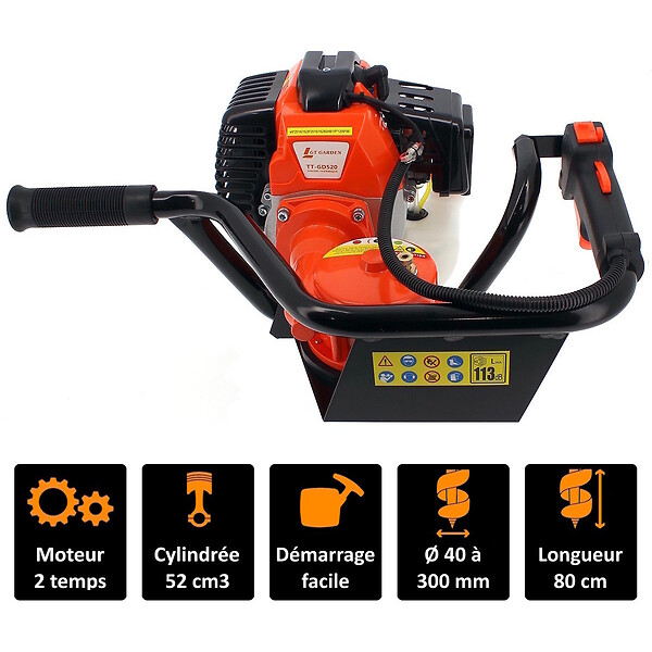 GT GARDEN - Tarière thermique 52 cm3 - 3 CV + lot de 3 mèches (100, 200 et 300 mm) - large