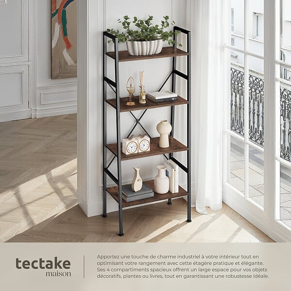 TECTAKE - Etagère échelle NEWCASTLE style industriel 57,5 x 35,5 x 139 cm Bois foncé industriel, rustique - large