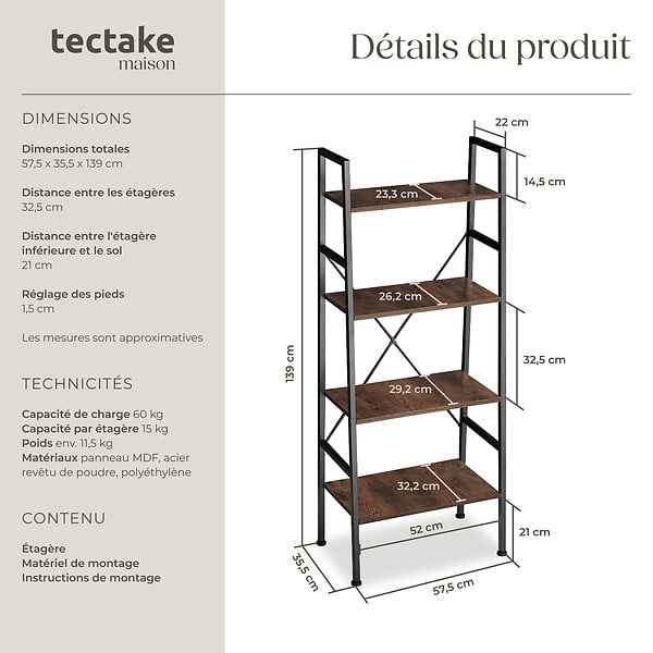 TECTAKE - Etagère échelle NEWCASTLE style industriel 57,5 x 35,5 x 139 cm Bois foncé industriel, rustique - large