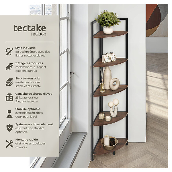 TECTAKE - Étagère d’angle Castlebar 30 x 30 x 150 cm Bois foncé industriel, rustique - large