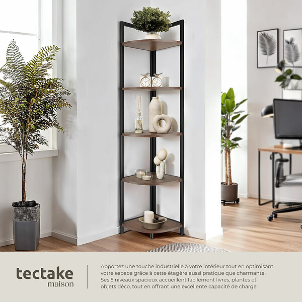 TECTAKE - Étagère d’angle Castlebar 30 x 30 x 150 cm Bois foncé industriel, rustique - large
