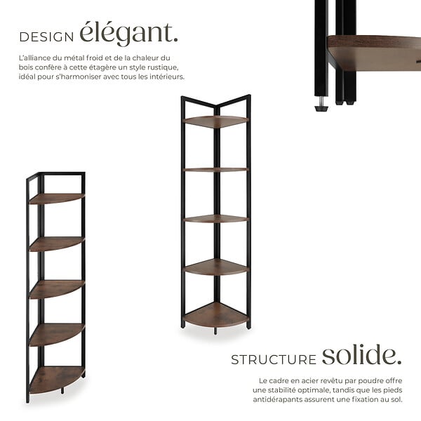 TECTAKE - Étagère d’angle Castlebar 30 x 30 x 150 cm Bois foncé industriel, rustique - large