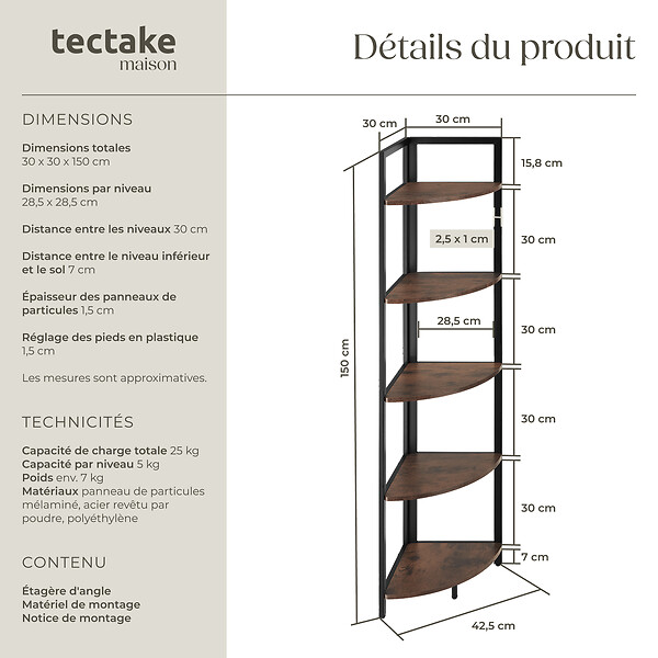 TECTAKE - Étagère d’angle Castlebar 30 x 30 x 150 cm Bois foncé industriel, rustique - large