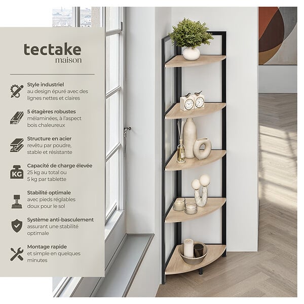 TECTAKE - Étagère d’angle Castlebar 30 x 30 x 150 cm Bois clair industriel, Chêne Sonoma - large