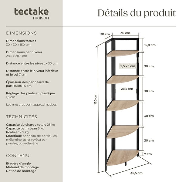 TECTAKE - Étagère d’angle Castlebar 30 x 30 x 150 cm Bois clair industriel, Chêne Sonoma - large