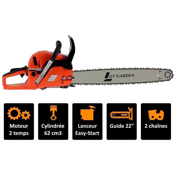 GT GARDEN - Tronçonneuse thermique 62 cm3, 3.5 CV, guide 55 cm, 2 chaînes - large