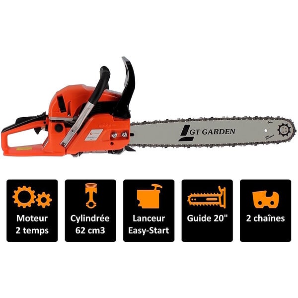 GT GARDEN - Tronçonneuse thermique 62 cm3, 3.5 CV, guide 50 cm, 2 chaînes - large
