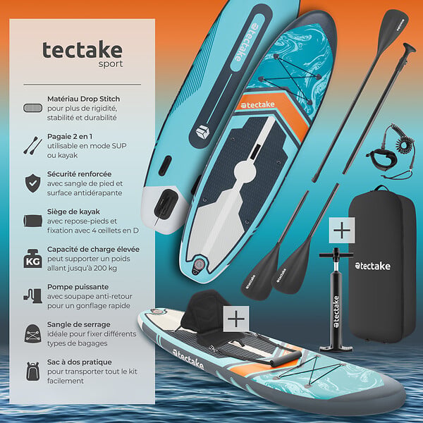 TECTAKE - Planche de stand up paddle gonflable 2 en 1 kit complet turquoise orange 288 x 77 x 22,5 cm polyvalente - large