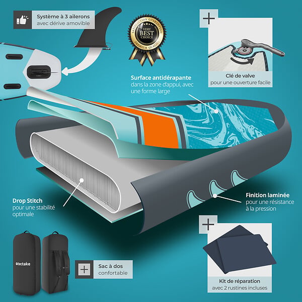 TECTAKE - Planche de stand up paddle gonflable 2 en 1 kit complet turquoise orange 288 x 77 x 22,5 cm polyvalente - large