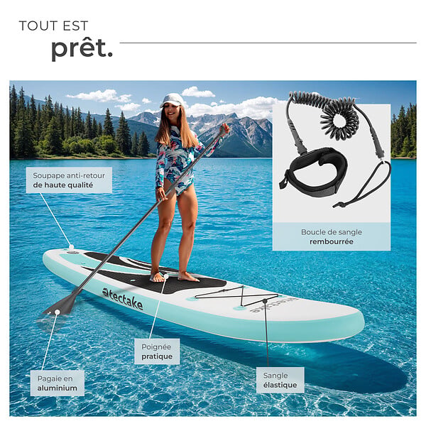 TECTAKE - Planche de stand-up paddle 2 en 1 gonflable kit complet blanc/turquoise, stable, légère, antidérapante - large