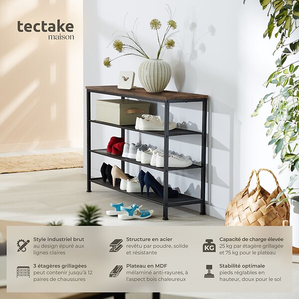 TECTAKE - Étagère à chaussures PORTSMOUTH 100x30,5x72,5cm Bois foncé industriel, rustique - large