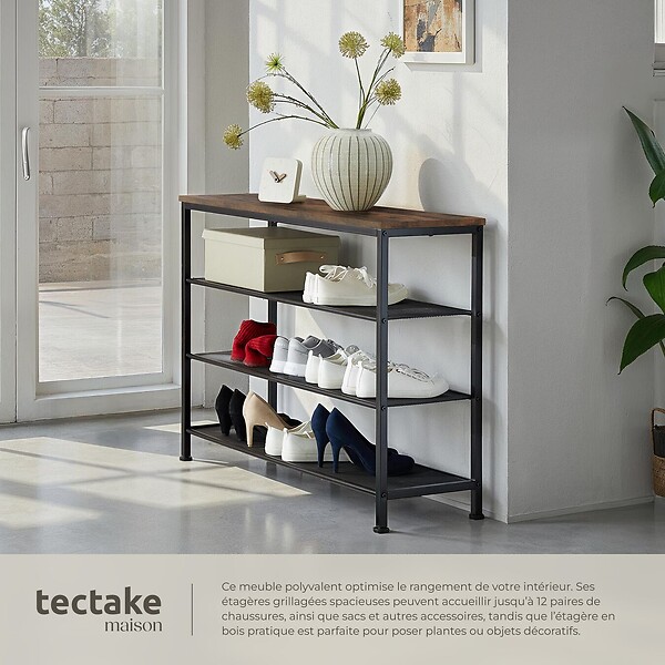 TECTAKE - Étagère à chaussures PORTSMOUTH 100x30,5x72,5cm Bois foncé industriel, rustique - large