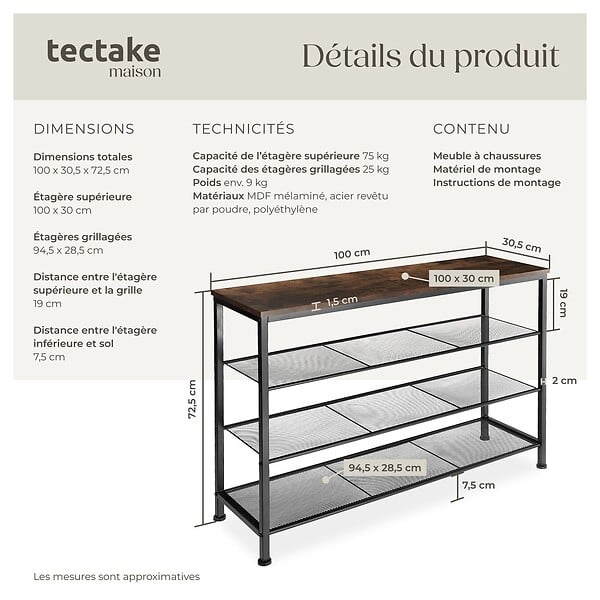 TECTAKE - Étagère à chaussures PORTSMOUTH 100x30,5x72,5cm Bois foncé industriel, rustique - large